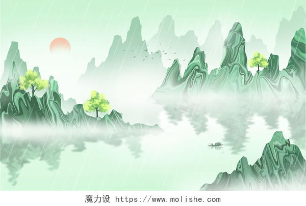 清明节山水风景插画新中式古风背景手绘春天节气春分绿色
